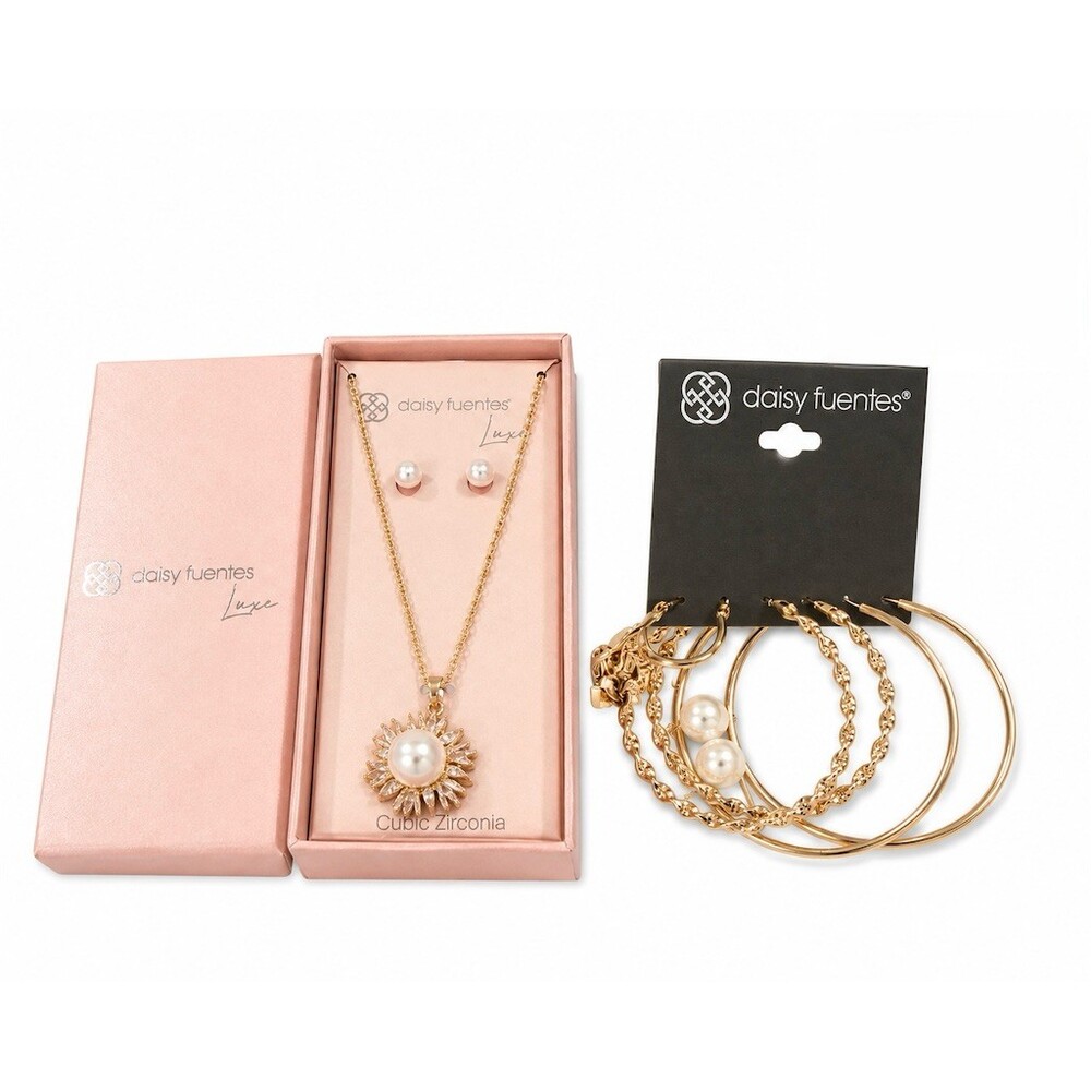 Daisy Fuentes Pearl CZ Pendant Necklace & Stud Earrings Set + Hoop cute bundle